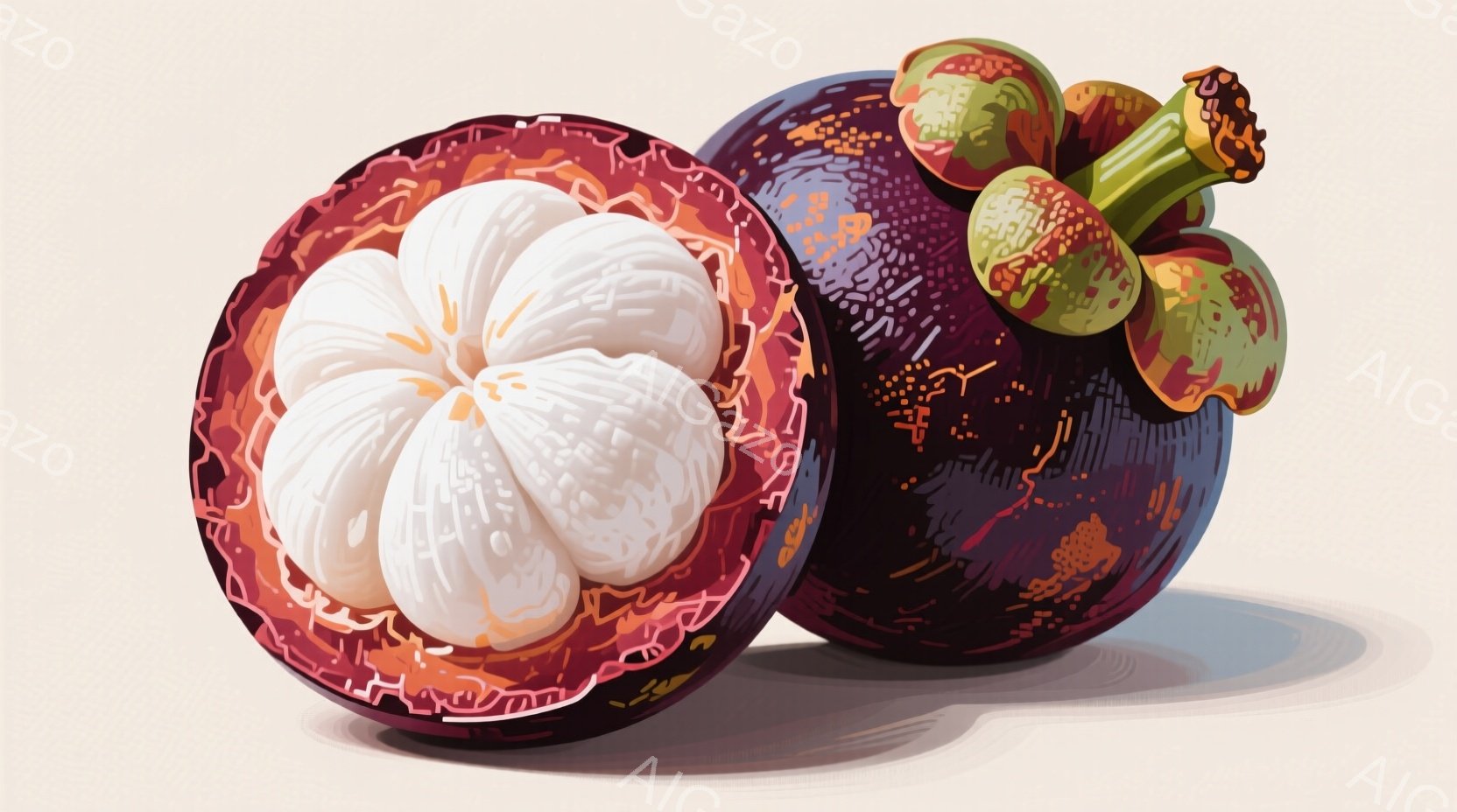 マンゴスチンが2つ描かれています。片方は半分に切られており、白い果肉の内部が露出し、もう片方は丸いままです。背景は淡いベージュ色で、影が落とされているため、立体的に見えます。