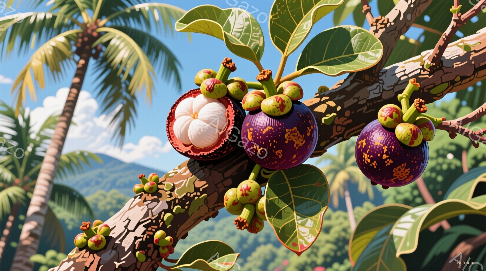 鮮やかな緑の葉と紫色のマンゴスチンが枝に密集して描かれています。背景にはヤシの木が見え、遠くには緑豊かな山々が広がっており、晴れた日の熱帯の雰囲気が伝わってきます。マンゴスチンの鮮やかな色彩と、葉の光 - AI生成フリー素材
