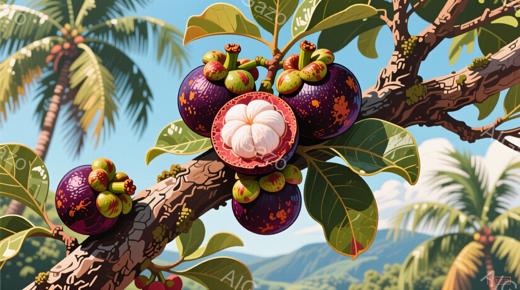 鮮やかな紫色のマンゴスチンが、緑の葉に囲まれた木の枝に実っています。背景には、ぼやけた緑色の山々と、青い空、そしてヤシの木々が見え、熱帯の風景を思わせます。全体的に、鮮やかで、落ち着いた雰囲気のイラス - AI生成フリー素材