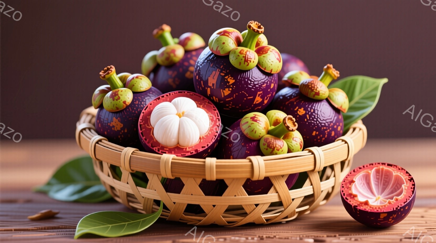 鮮やかな紫色のマンゴスチンが、籐で編まれたカゴにたっぷり詰め込まれています。実の一つは半分に割られており、白い果肉が露わになっています。背景には木製のテーブルがあり、緑の葉が添えられており、自然な雰囲 - AI生成フリー素材