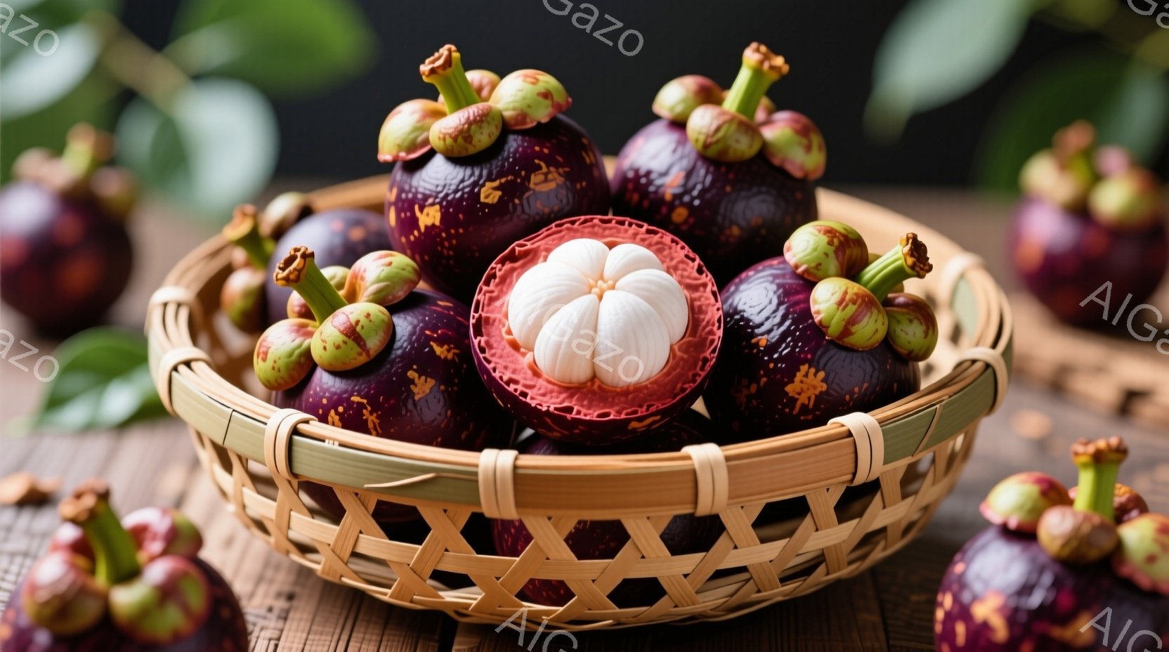 広大なクランベリー畑が広がり、水路に赤い実が浮かんでいます。水面には波紋が広がり、周囲には緑の葉が茂っています。遠景には、木々と屋根が赤色の可愛らしい家が見え、晴天の下、穏やかな雰囲気が漂っています。