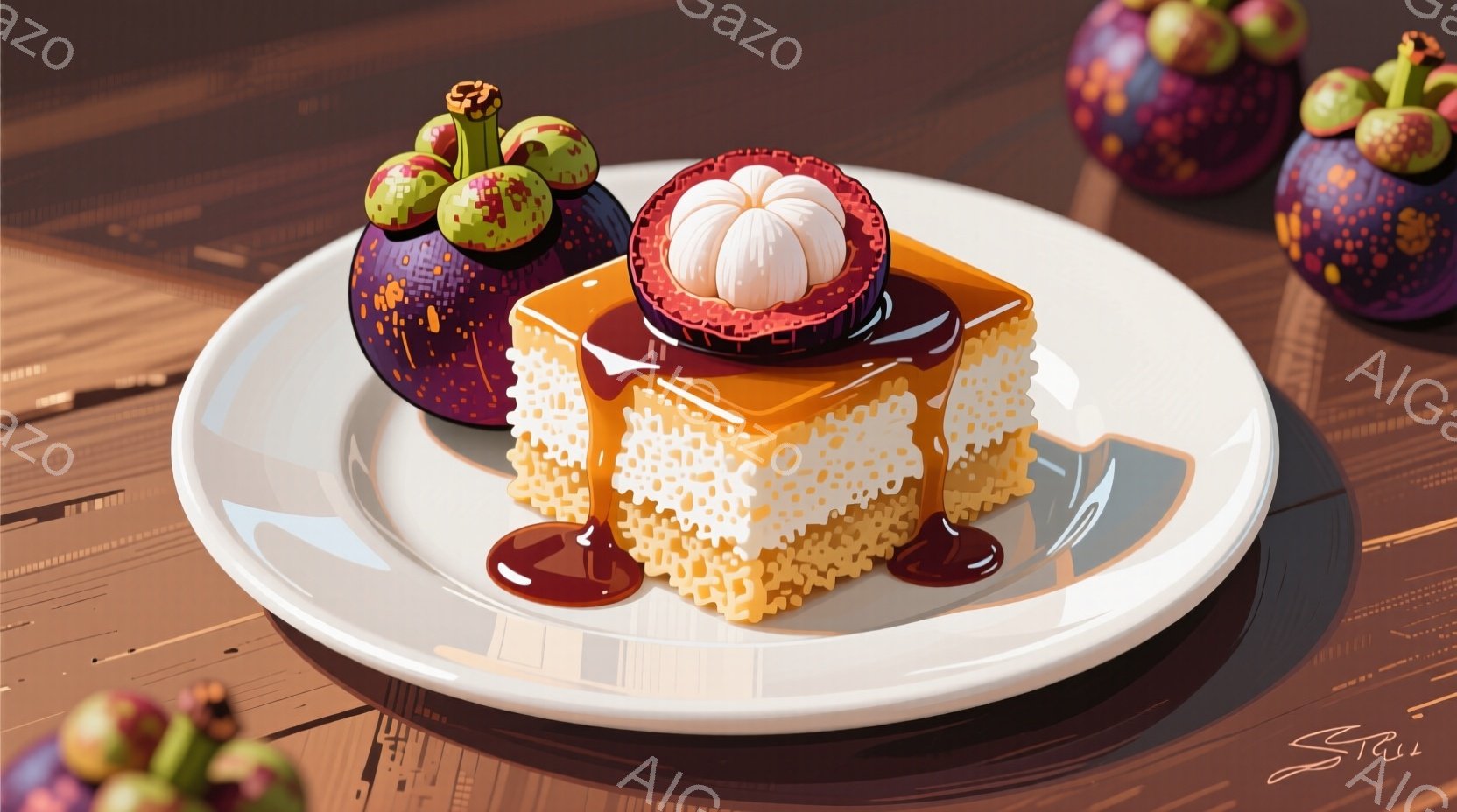 白い皿の上に、カラメルソースがかかった角形のスポンジケーキと、数個のランブータンが置かれています。ケーキは茶色いスポンジ生地にオレンジ色のカラメルがかかり、ランブータンは紫色の殻に緑色の棘を持つ球体で - AI生成フリー素材