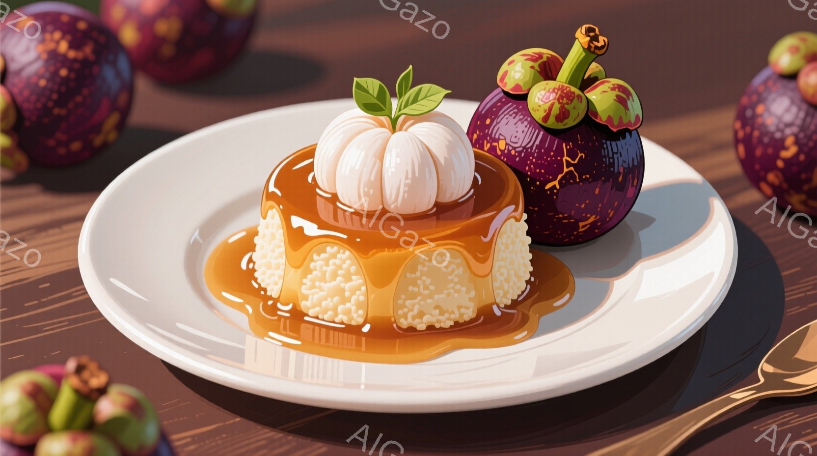 白い皿の上に、キャラメルソースがかかったプリンが盛り付けられています。プリンの上には、クリームで作られたカボチャの飾りがあり、隣にはマンゴスチンが2つ置かれています。背景は木製のテーブルで、全体的に暖 - AI生成フリー素材