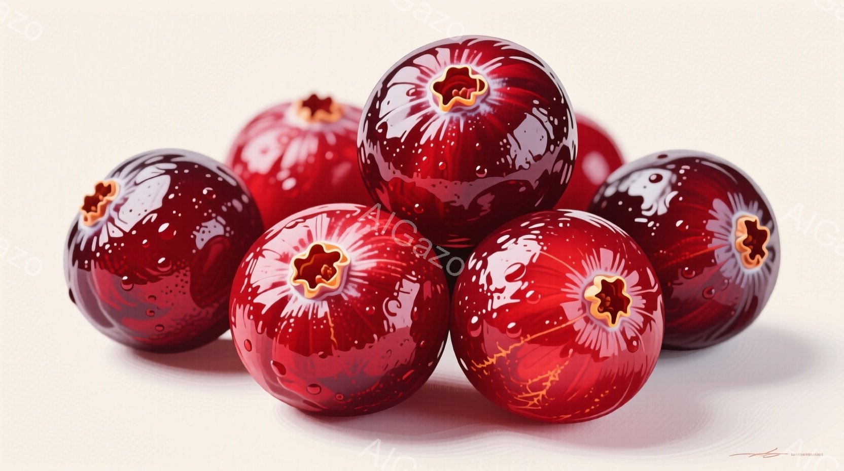 深紅色のざくろが、白地の背景に積み重ねられており、表面には水滴が光っている。実の先端には星のような模様があり、豊穣さと自然の恵みを想起させる。全体的に、瑞々しく、生命力溢れる静物画のような雰囲気が漂っている。