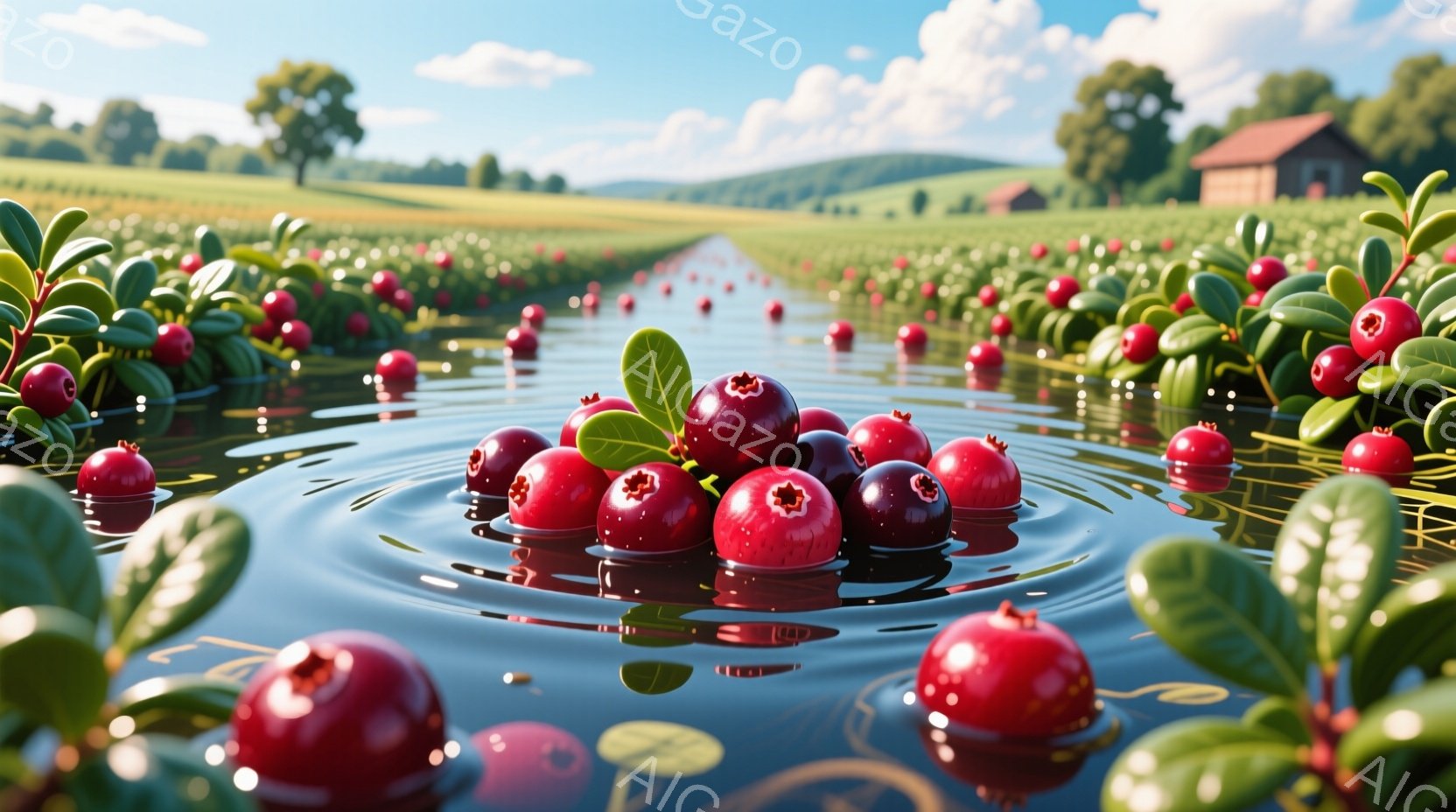 鮮やかな赤いクランベリーが水面に浮かび、リフレクションが美しい風景です。背景には緑豊かな畑と遠くに見える家、そして晴れた空が広がっています。全体的に穏やかで自然豊かな、平和な雰囲気が漂っています。