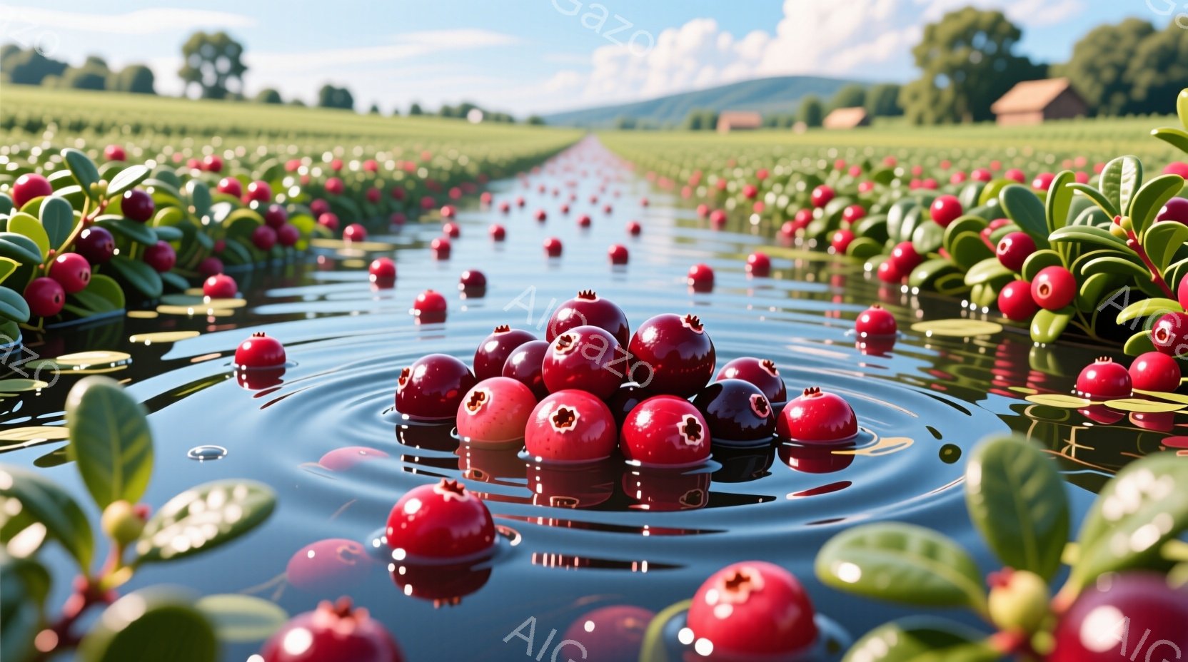 広大なクランベリー畑が水路に浸った様子が写っている。赤いクランベリーは水面に浮かび、その鮮やかな色が水面の波紋と相まって美しいコントラストを生み出している。背景には緑豊かな丘と建物が見え、晴天の下、静かで穏やかな雰囲気が漂っている。