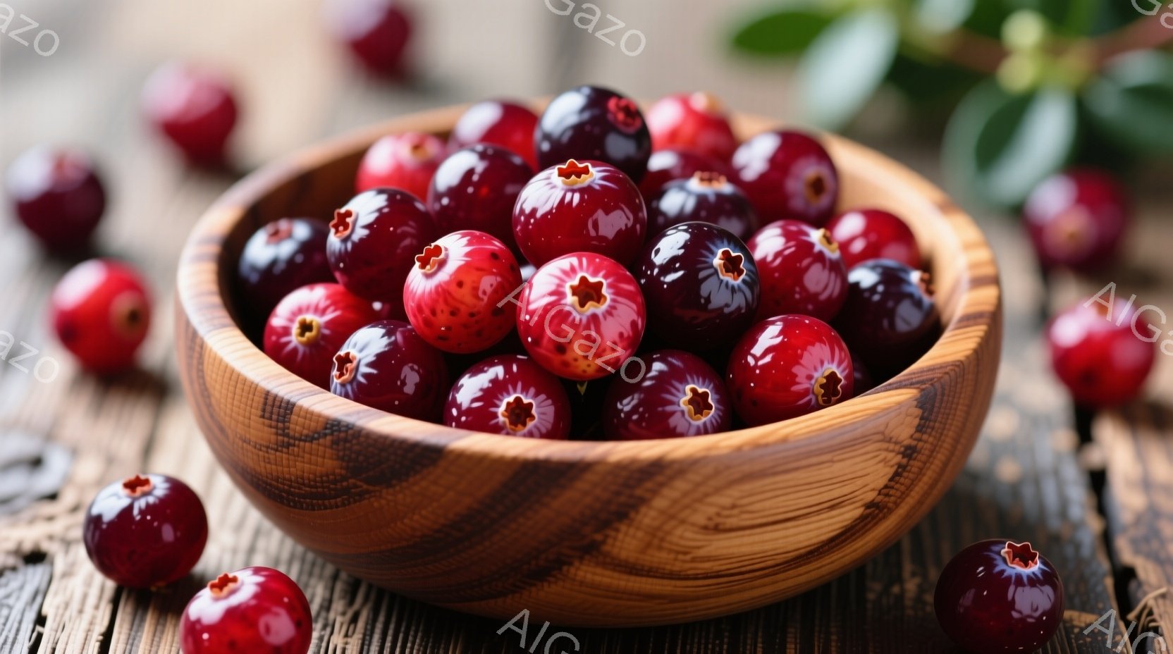 艶やかな赤色のクランベリーが、木製のボウルにたっぷりと盛られています。背景は木目が見える粗いテーブルで、自然な雰囲気を醸し出しています。全体的に、収穫の喜びや秋の温かさを感じさせる、素朴で魅力的な光景 - AI生成フリー素材