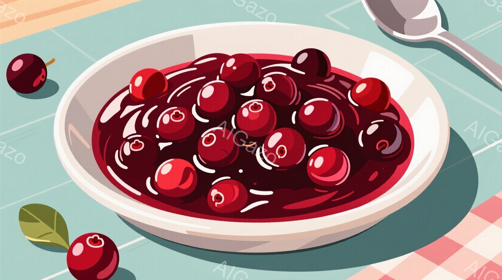 鮮やかな赤色のクランベリーが、甘いシロップの中にたっぷりと浸されています。浅い白いお皿に盛られ、背景にはピンクと白のチェック模様のテーブルクロスが広がっています。全体的に明るく、甘くておいしそうな雰囲 - AI生成フリー素材
