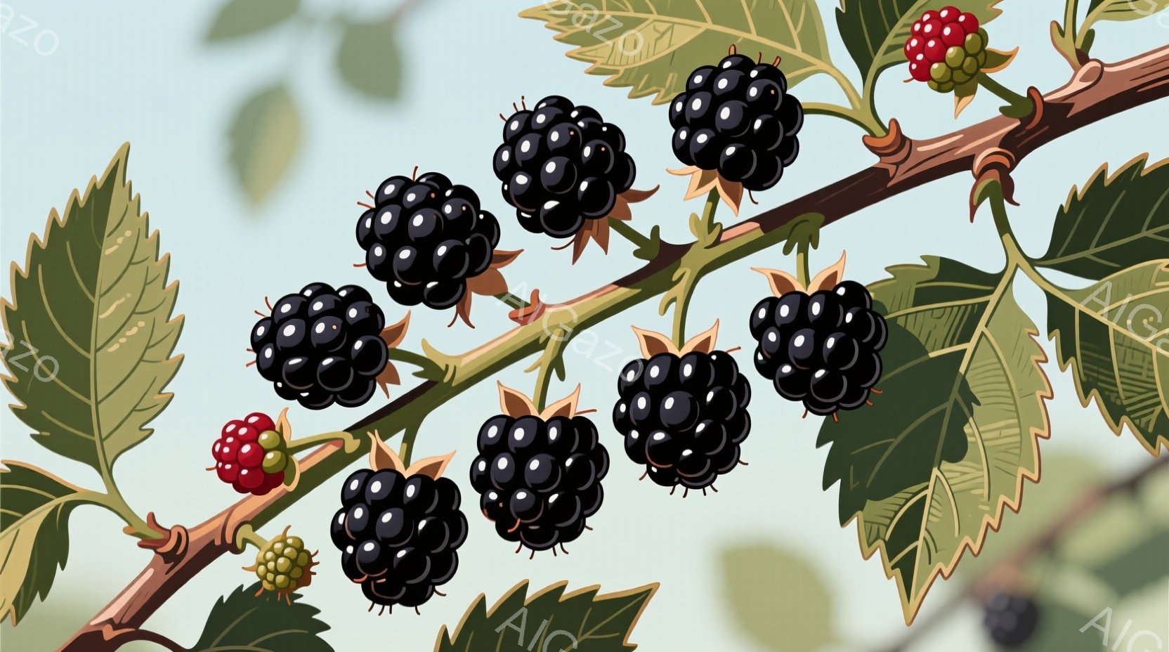 蔓の上に、熟したブラックベリーが連なって並んでいます。葉は緑色で、光沢があり、ベリーの暗い色合いと鮮やかなコントラストをなしています。背景は淡い空色で、自然の静けさと穏やかさを感じさせます。 - AI生成フリー素材