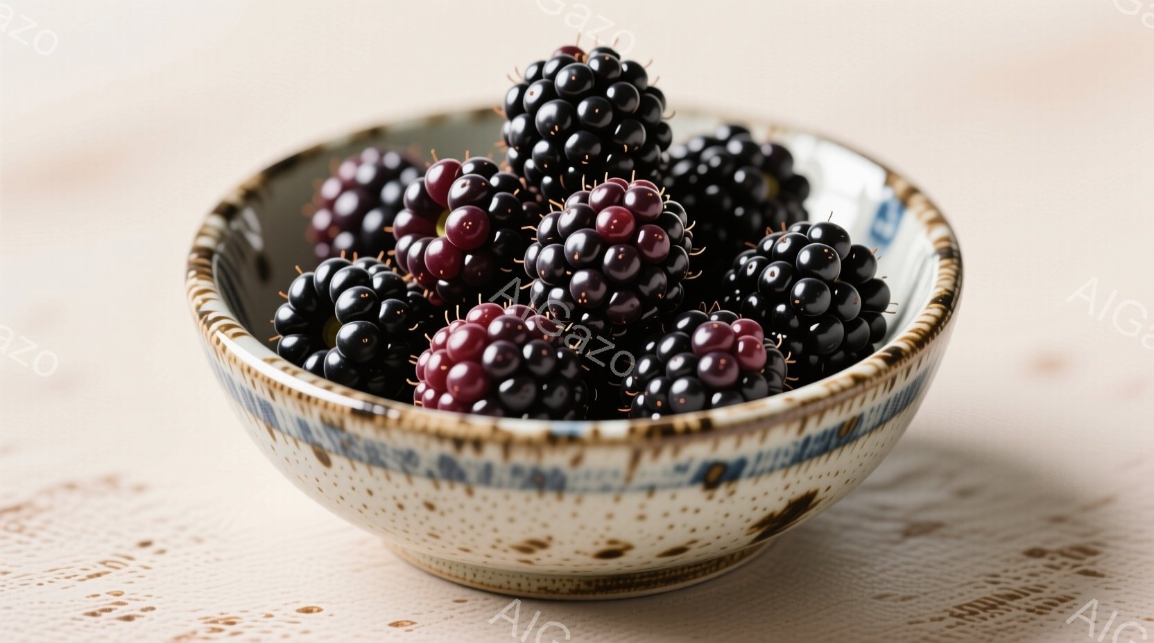 陶器のボウルに熟したブラックベリーがたっぷり入っています。ボウルは茶色と白の斑点模様で、青いラインがアクセントになっています。背景は明るい木製のテーブルで、全体的に暖かく、素朴な雰囲気です。 - AI生成フリー素材