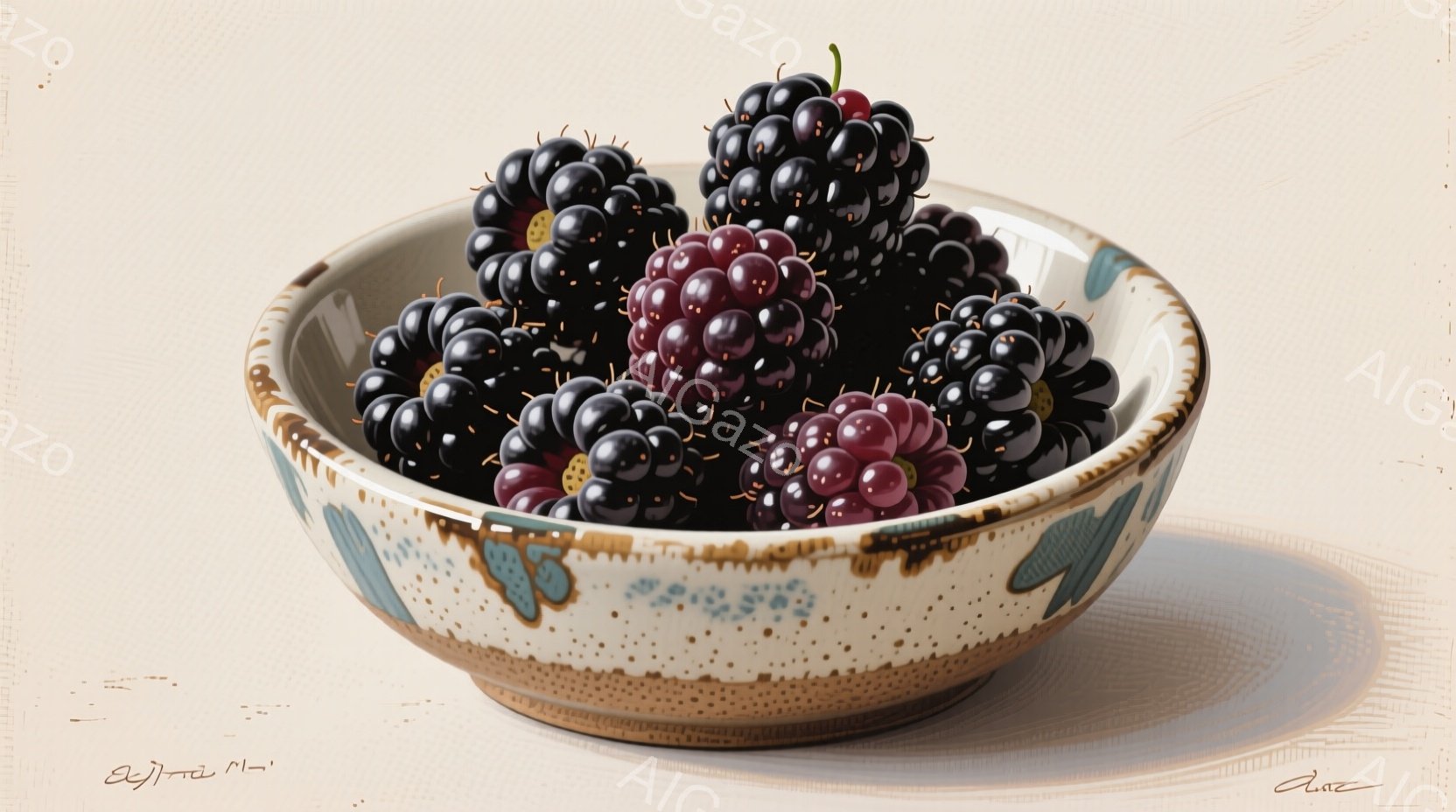 陶器のボウルに、熟したブラックベリーが山のように盛られています。ボウルは、茶色とクリーム色のまだら模様があり、青い蝶の模様がアクセントになっています。光の当たり方から、ボウルとベリーはシンプルな背景の - AI生成フリー素材