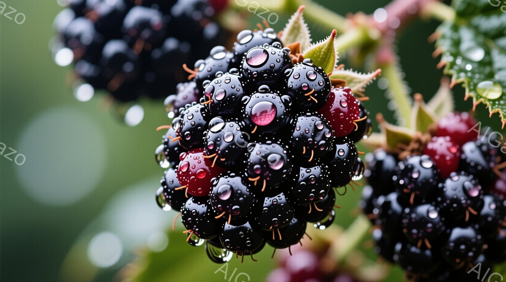 熟したブラックベリーが、葉に囲まれて鮮やかに映っている。果実は丸みを帯びて黒紫色をしており、表面には雨粒のような水滴が散りばめられている。背景は緑色の葉がぼやけており、自然の中で雨上がりの新鮮な雰囲気を伝えている。