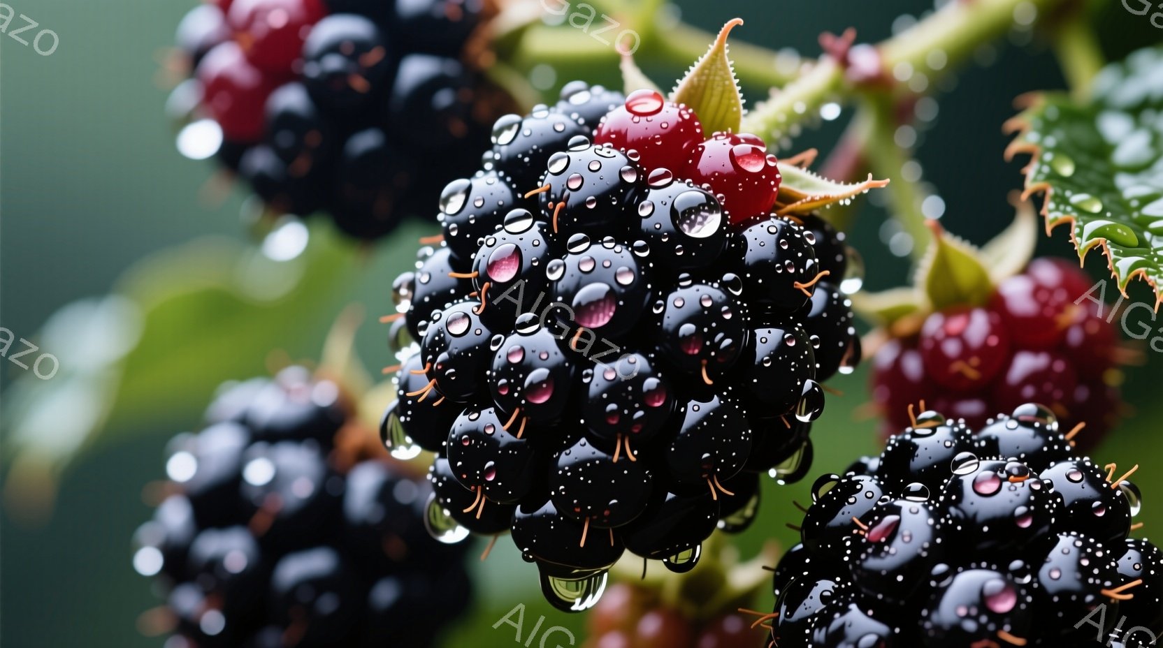 熟したブラックベリーが密集し、水滴で覆われています。背景には緑の葉がぼやけて見え、雨上がりの湿った自然の雰囲気を感じさせます。滴る水滴が光を反射し、ベリーの鮮やかな色と相まって、生き生きとした印象を与 - AI生成フリー素材