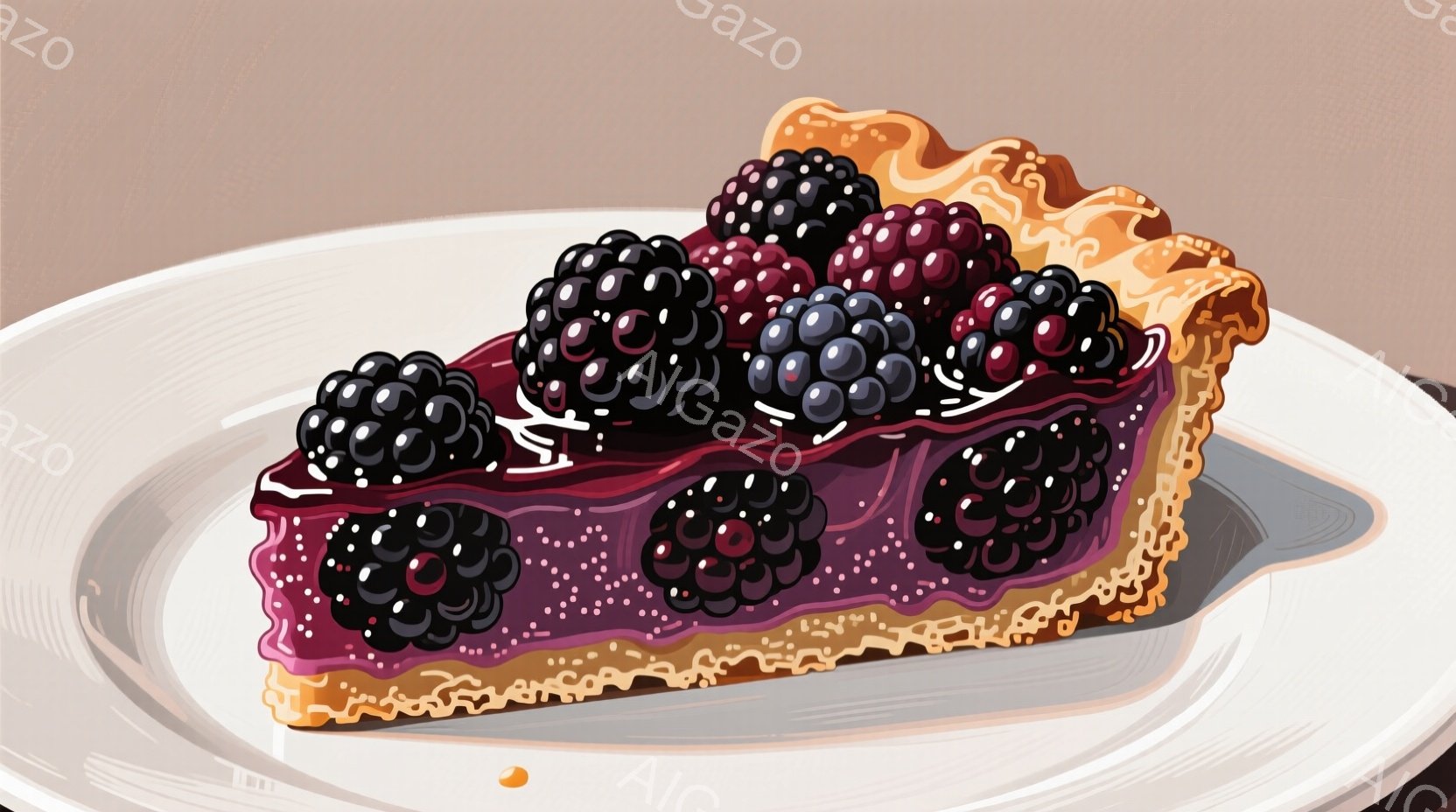 鮮やかな紫色のベリーパイの一切れが白い皿に載っています。パイ生地は黄金色で、表面には黒く熟したブラックベリーがたっぷりとのっています。光の当たり方から、パイはテーブルの上に置かれており、暖かく食欲をそ - AI生成フリー素材