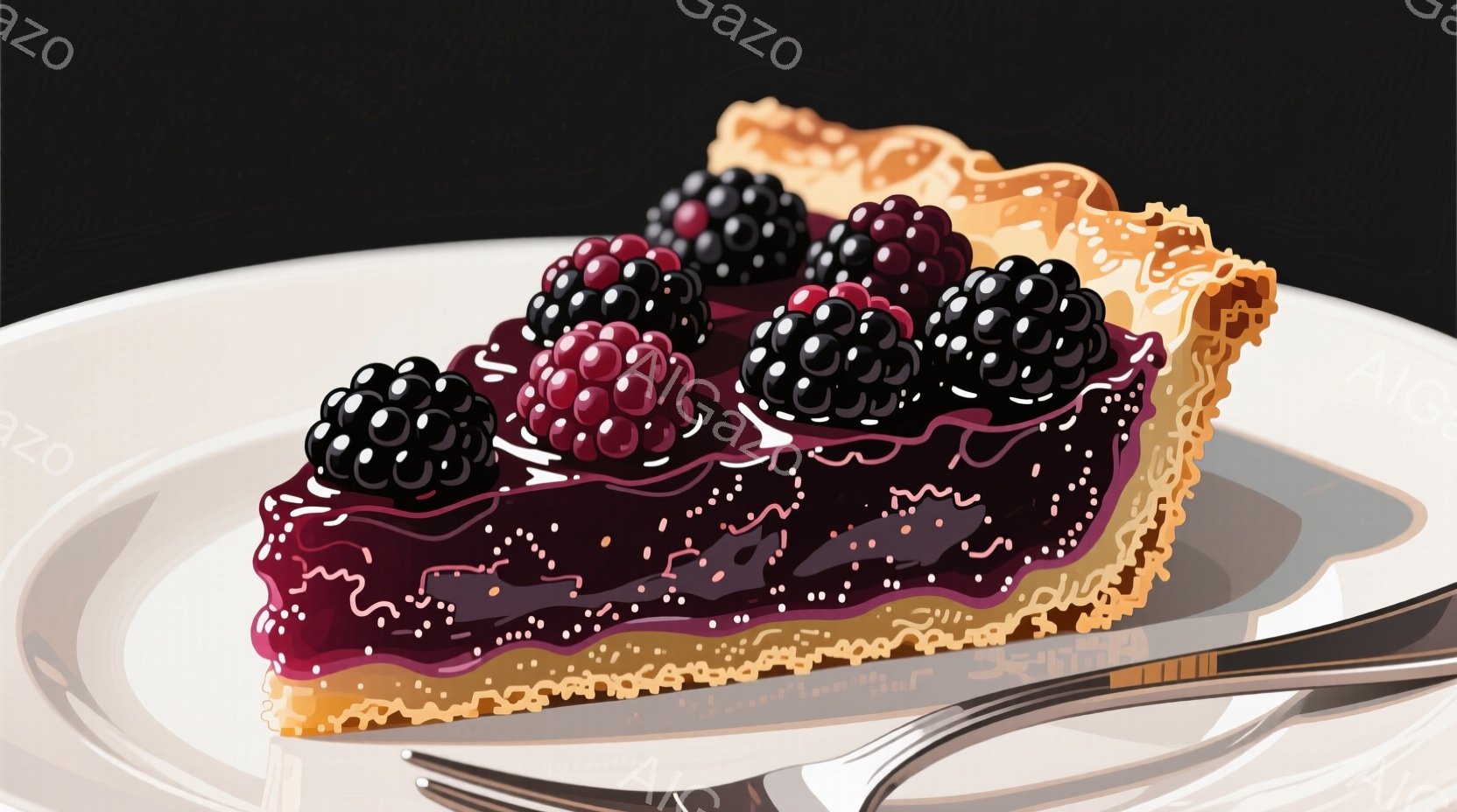 鮮やかな紫色のベリーがぎっしりとトッピングされた、三角形のパイの一切れが白い皿に置かれています。パイ生地は黄金色でサクサクしており、ベリーと照り輝くフィリングとのコントラストが食欲をそそります。背景は暗く、パイとフォークが際立っており、シンプルながらも洗練された雰囲気です。