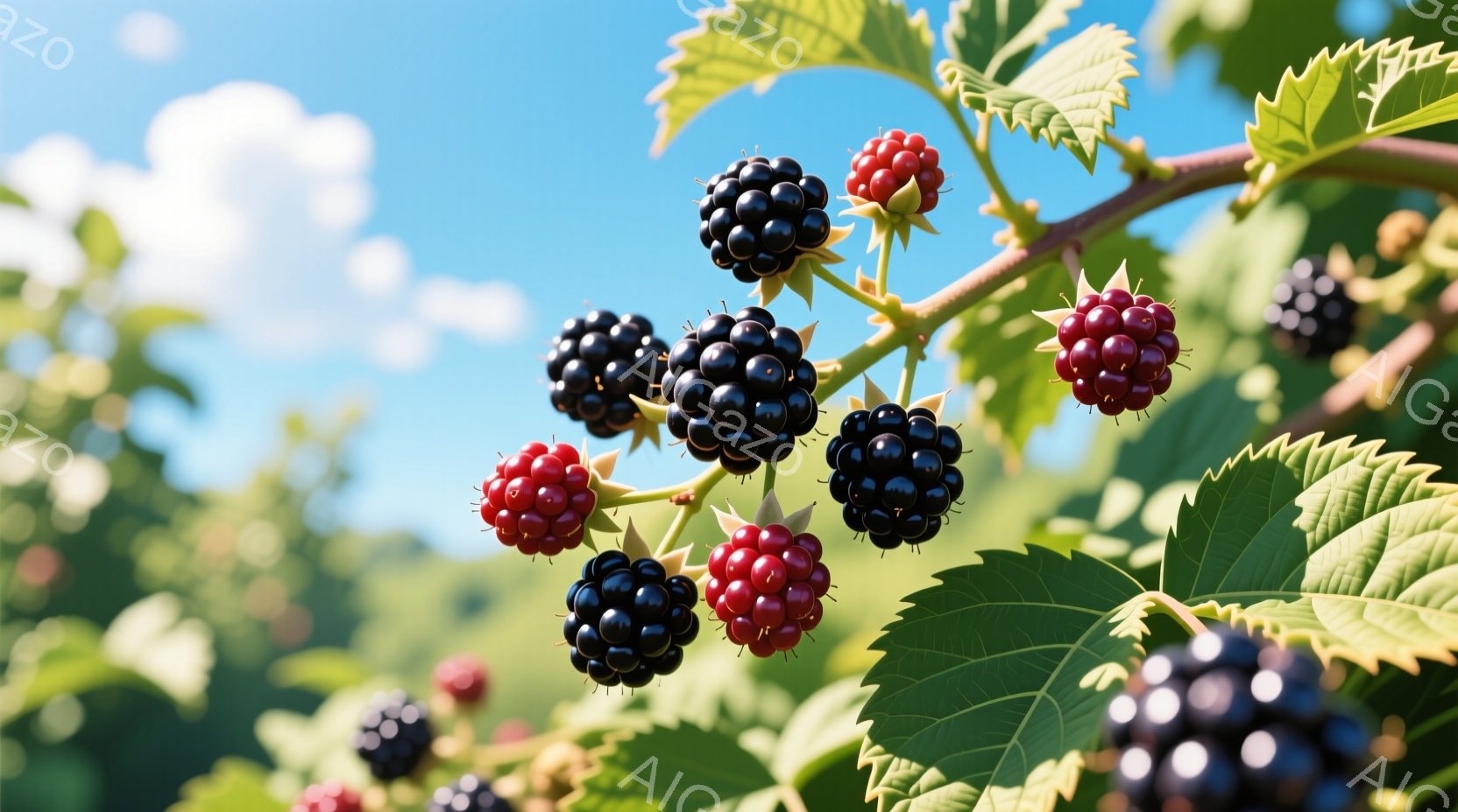 深緑の葉と熟したブラックベリーが、枝に密集して写っている。背景は鮮やかな緑の植物と、穏やかな青空が広がり、夏の太陽の光が葉に差し込んでいる。全体的に自然の豊かさと、収穫の喜びを感じさせる、穏やかで暖かい雰囲気である。