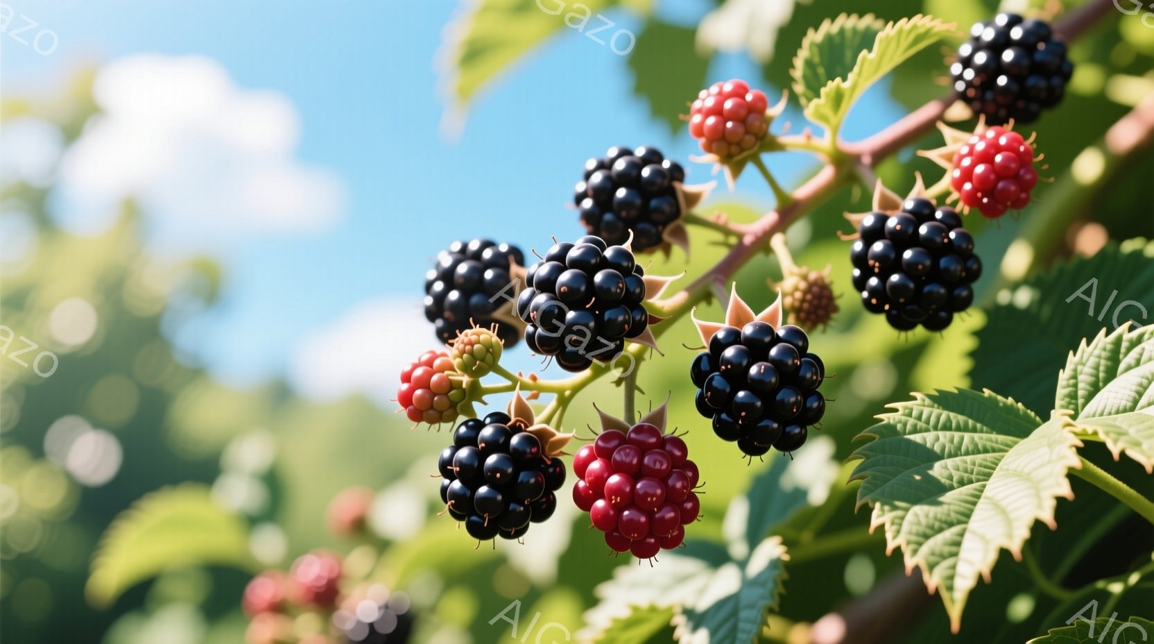 鮮やかな緑の葉に、熟した黒いブラックベリーと赤い未熟なベリーが密集して実っている様子が捉えられています。背景には、ぼやけた緑の植物と青空が広がり、自然豊かな風景を思わせます。全体的に、太陽の光を浴びて - AI生成フリー素材