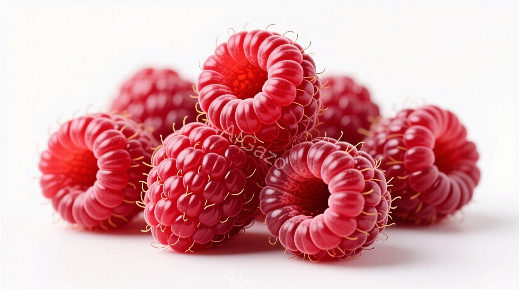 鮮やかな赤色のラズベリーがいくつか、お互いに重なり合って写っています。それぞれのラズベリーは丸みを帯びた形をしており、表面には細かい突起が見られます。背景は白く、全体的にフレッシュで自然な雰囲気を醸し - AI生成フリー素材