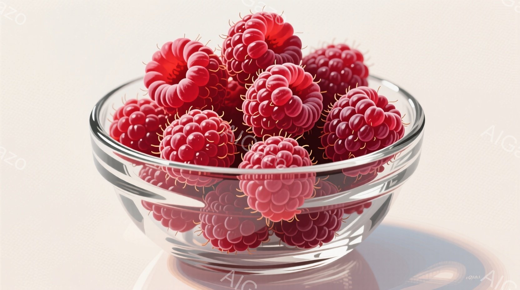 鮮やかな赤色のラズベリーが透明なガラスのボウルに山のように盛られています。光がラズベリーを照らし、その表面の細かい突起を強調し、みずみずしい質感を際立たせています。ボウルは光沢のある表面に反射し、周囲 - AI生成フリー素材