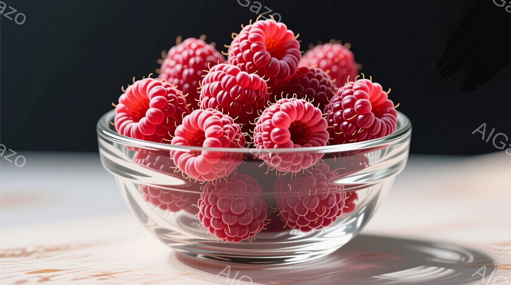 ガラスの器に新鮮なラズベリーがたっぷり詰まっています。ラズベリーは深みのある赤色をしており、細かい突起が特徴的です。背景は木目調のテーブルと暗い背景で、ラズベリーが引き立ち、みずみずしい雰囲気が漂っています。