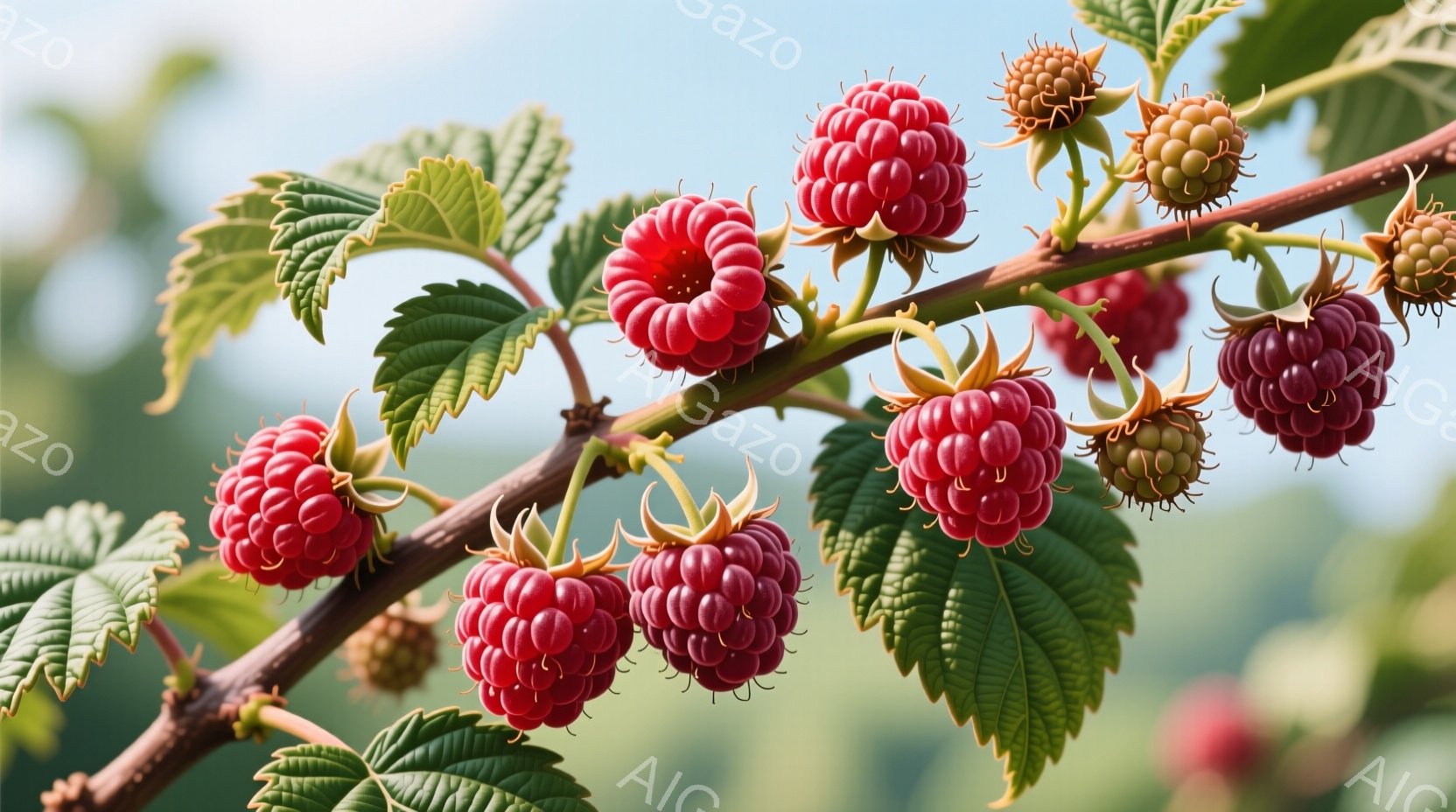 鮮やかな赤いラズベリーが枝に実っています。葉は濃い緑色で、ラズベリーの赤色とのコントラストが美しいです。背景はぼやけていますが、緑豊かな自然の中で撮影されたことがわかります。