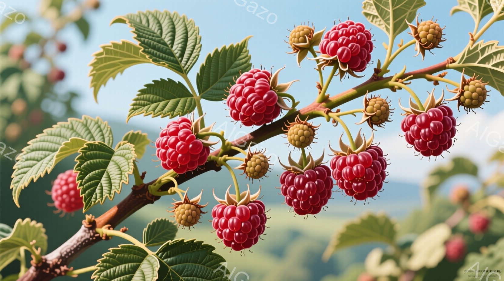 鮮やかな赤色のラズベリーが枝に実っており、まだ緑色の未熟な実も混ざっています。葉は濃い緑色で、光沢があり、背景はぼやけた緑色の植物と空で、屋外の自然な光景です。全体的に、初夏の豊かな自然を感じさせる、明るく健康的な雰囲気です。