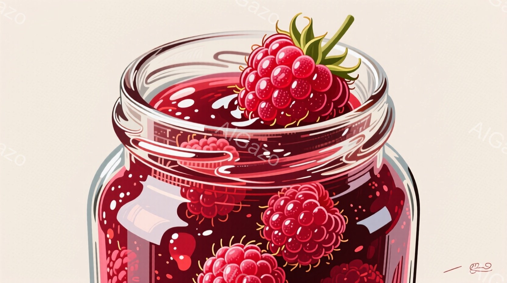 ガラス瓶の中に、赤いラズベリーがたっぷり詰まっています。ラズベリーはみずみずしく、瓶の中の赤い液体に浸されており、甘酸っぱいジャムやソースのようにも見えます。全体的に、明るく鮮やかな色彩で、食欲をそそ - AI生成フリー素材
