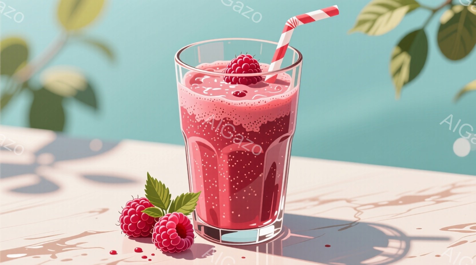 鮮やかなピンク色のラズベリージュースが、氷の入ったグラスに注がれています。グラスの横には新鮮なラズベリーが数個置かれ、テーブルの上には光と影が入り混じった模様が映っています。背景は薄い水色で、緑の葉が - AI生成フリー素材