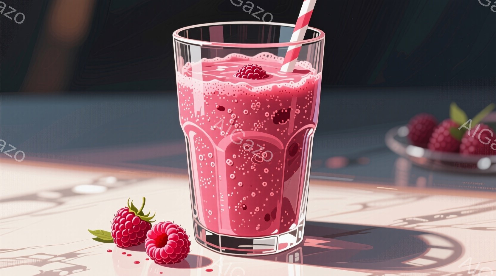 鮮やかなピンク色のラズベリージュースがグラスに注がれており、中にはラズベリーの実が散りばめられています。テーブルの上にはグラスの他に、数個の新鮮なラズベリーと、光と影の模様が描かれています。全体的に、夏らしい爽やかで甘い雰囲気が漂っています。
