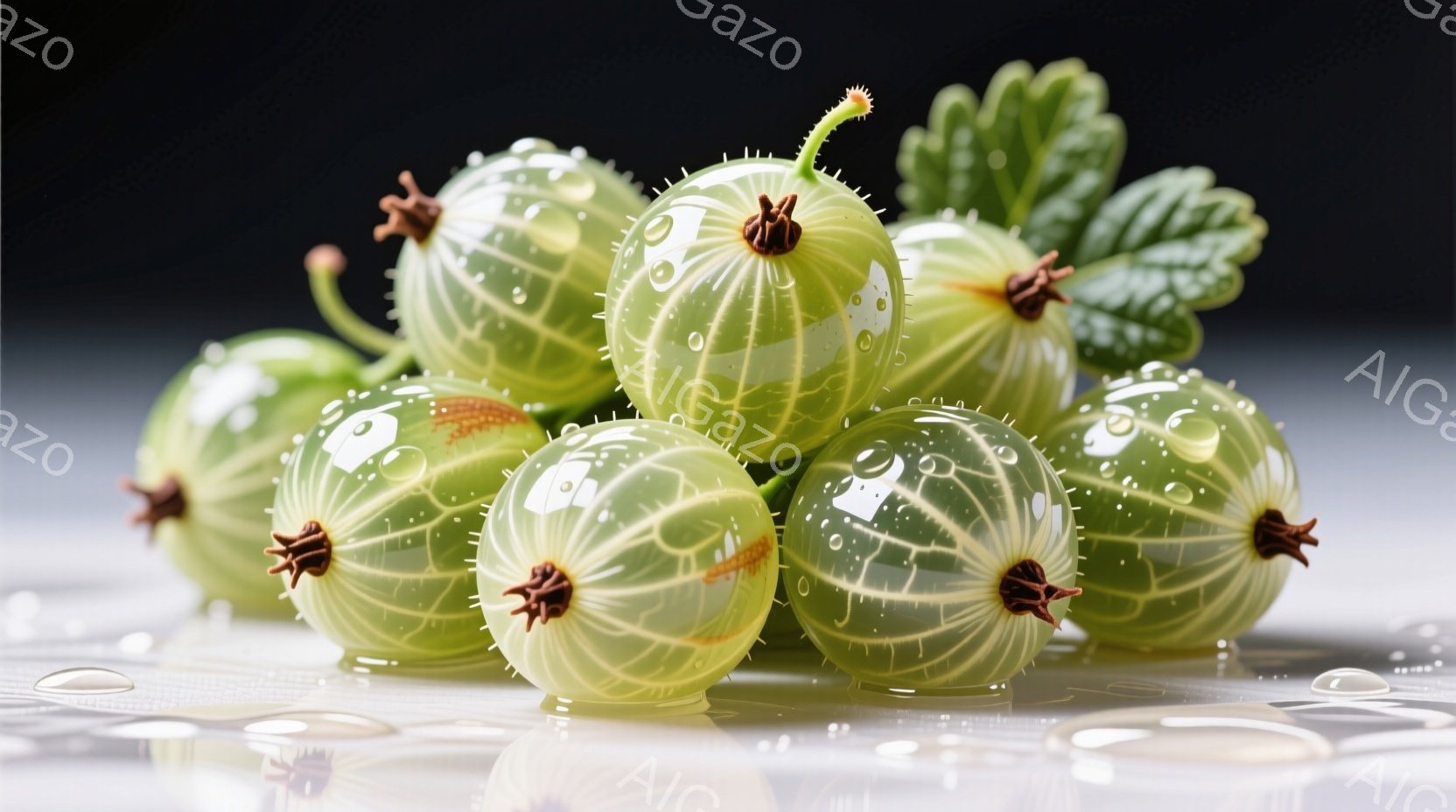 鮮やかな緑色のスグリが、水滴をまといながら集まっている。それぞれの果実は半透明で、内部の種がわずかに見える。背景は暗く、果実の瑞々しさを際立たせ、全体的に爽やかで自然な雰囲気を醸し出している。