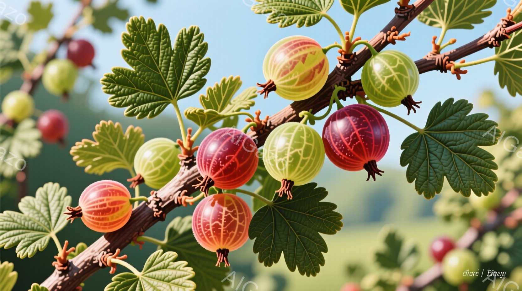 鮮やかな赤と緑色のスグリが枝に実っています。葉は緑色で、繊細な葉脈がはっきりと見えます。背景はぼやけており、穏やかな自然の光が差し込んで、全体的に爽やかで生命力に満ちた印象を与えています。 - AI生成フリー素材