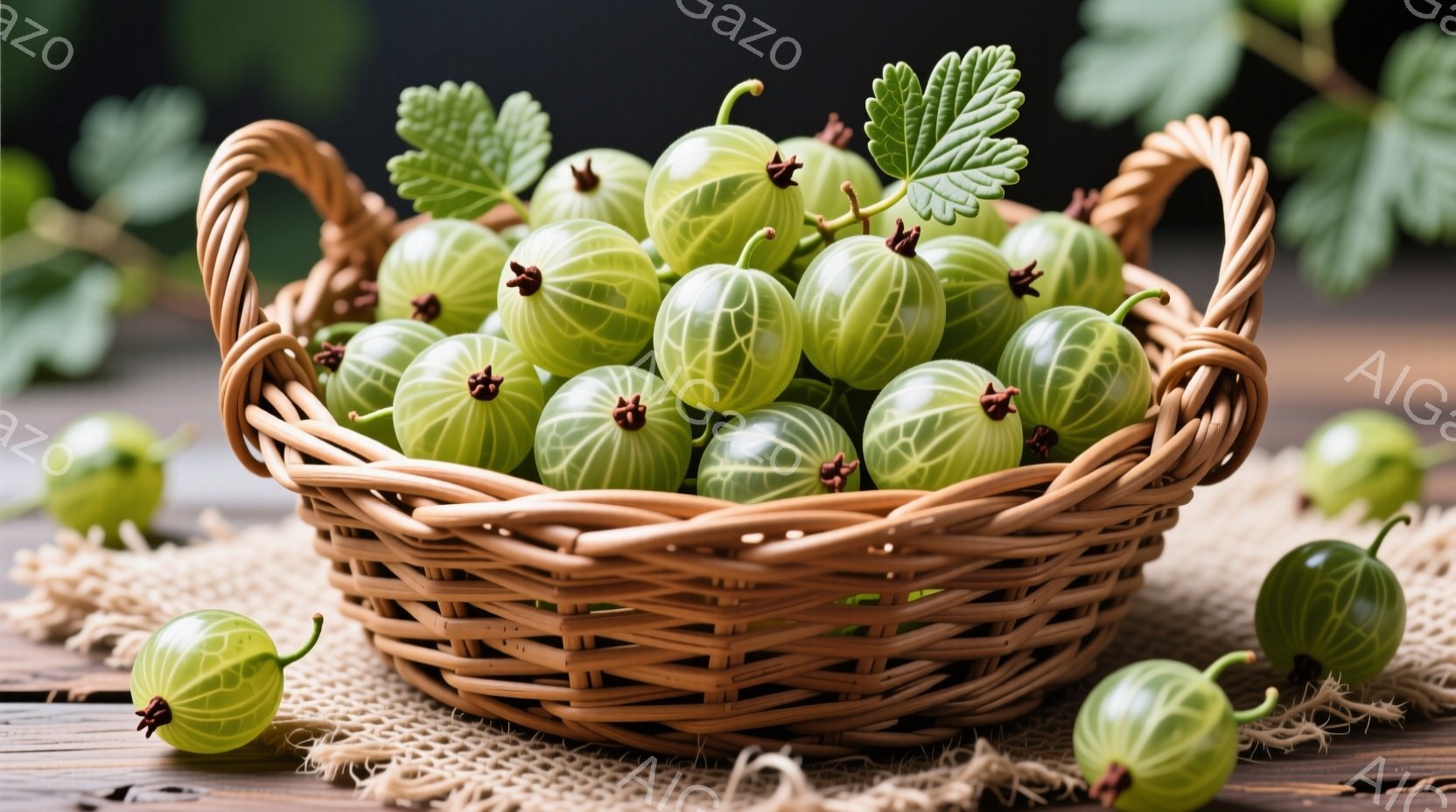 籠にたくさんのグーズベリーが盛られています。背景は木製のテーブルと粗い麻布で、自然な雰囲気を醸し出しています。グーズベリーは鮮やかな緑色で、まるで夏の光を閉じ込めたかのようです。