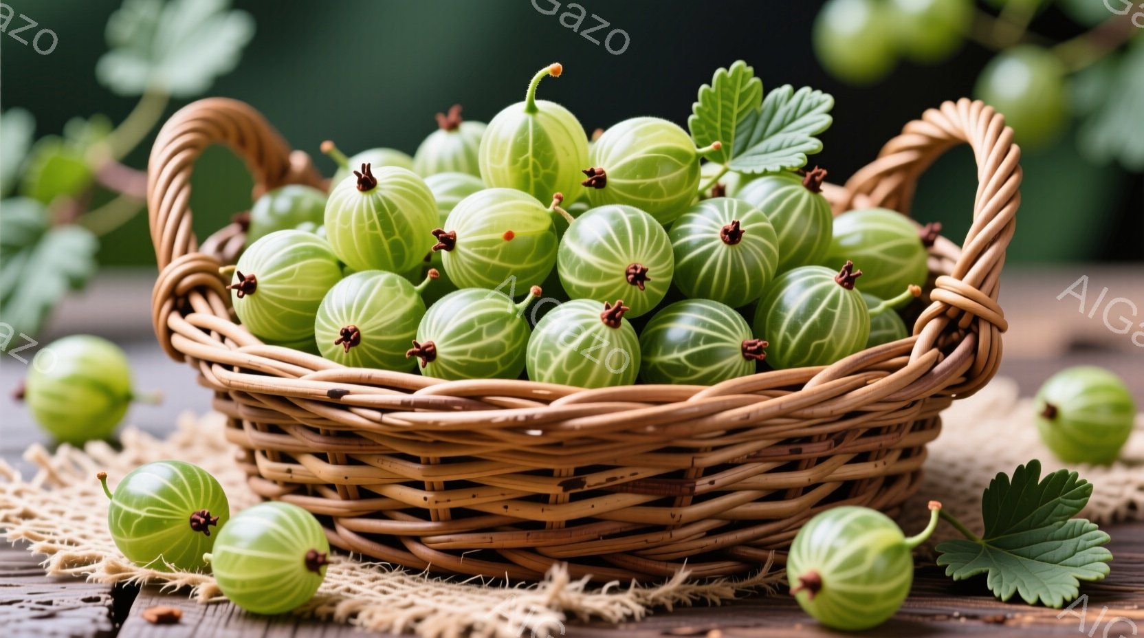 籐編みのバスケットに、緑色のスグリがぎっしりと詰まっています。バスケットの下には、粗い麻のマットが敷かれ、その周りにはスグリの実と葉が散らばっています。背景はぼかされており、木製のテーブルのようなものが確認でき、全体的に自然で素朴な雰囲気が漂っています。