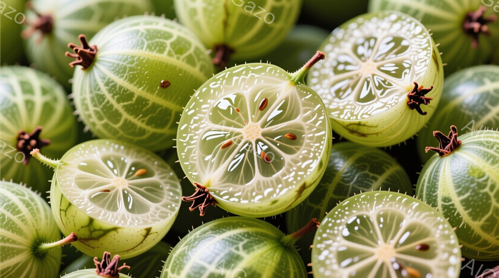 鮮やかな緑色のホオズキが密集して写っています。一部は半分に切られており、中の種と構造が露わになっています。全体的に、光沢があり、自然の美しさを強調したクローズアップ写真です。 - AI生成フリー素材