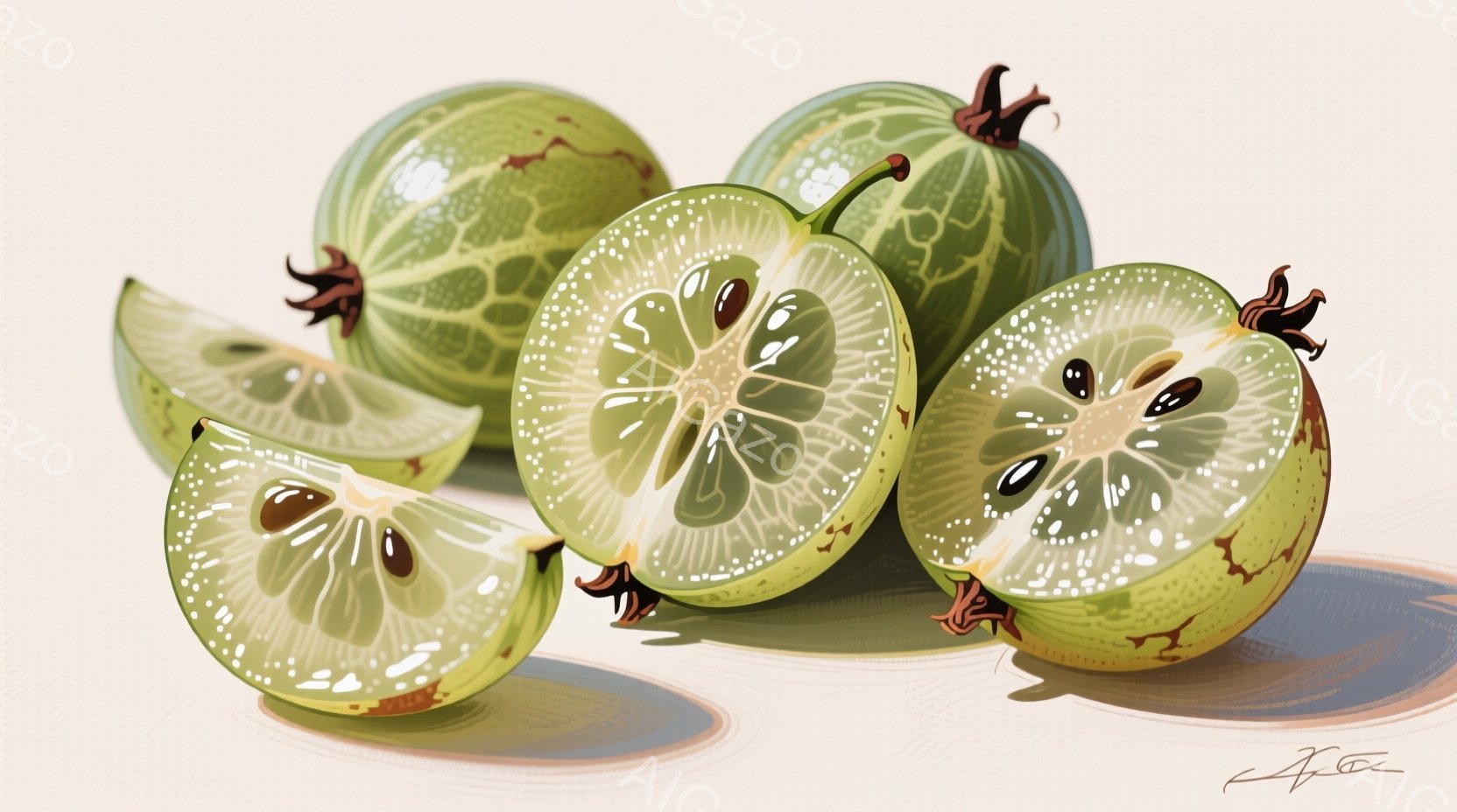 鮮やかな緑色のカルセポリンという果物が切り分けられて描かれています。果肉は星のような模様で、種は黒く小さく、全体的に瑞々しく、自然な光が当たっているようです。背景は淡い色調で、果物の鮮やかさを引き立て - AI生成フリー素材