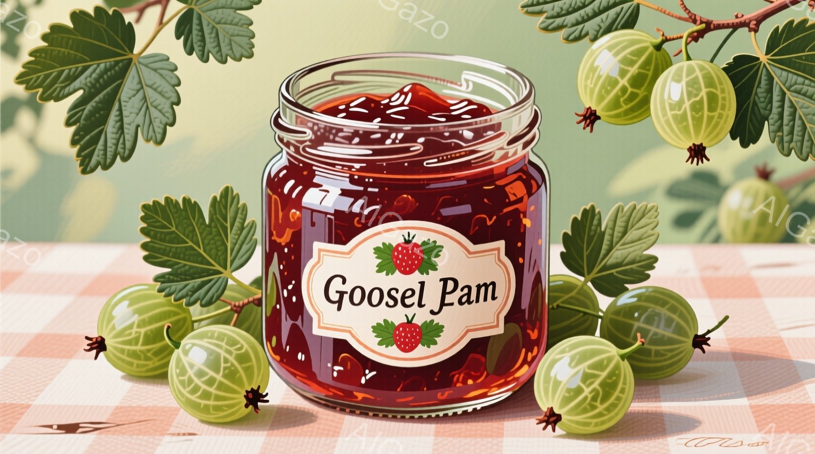 鮮やかな赤い格子柄のテーブルクロスの上に、ラベルの貼られたガラス瓶に入ったグーズベリージャムが置かれています。ラベルには赤いイチゴのイラストと「Goose Pam」という文字が描かれ、瓶の周りにはグーズベリーの果実と葉が散りばめられています。背景は淡い緑色で、全体的に明るく、素朴な雰囲気です。