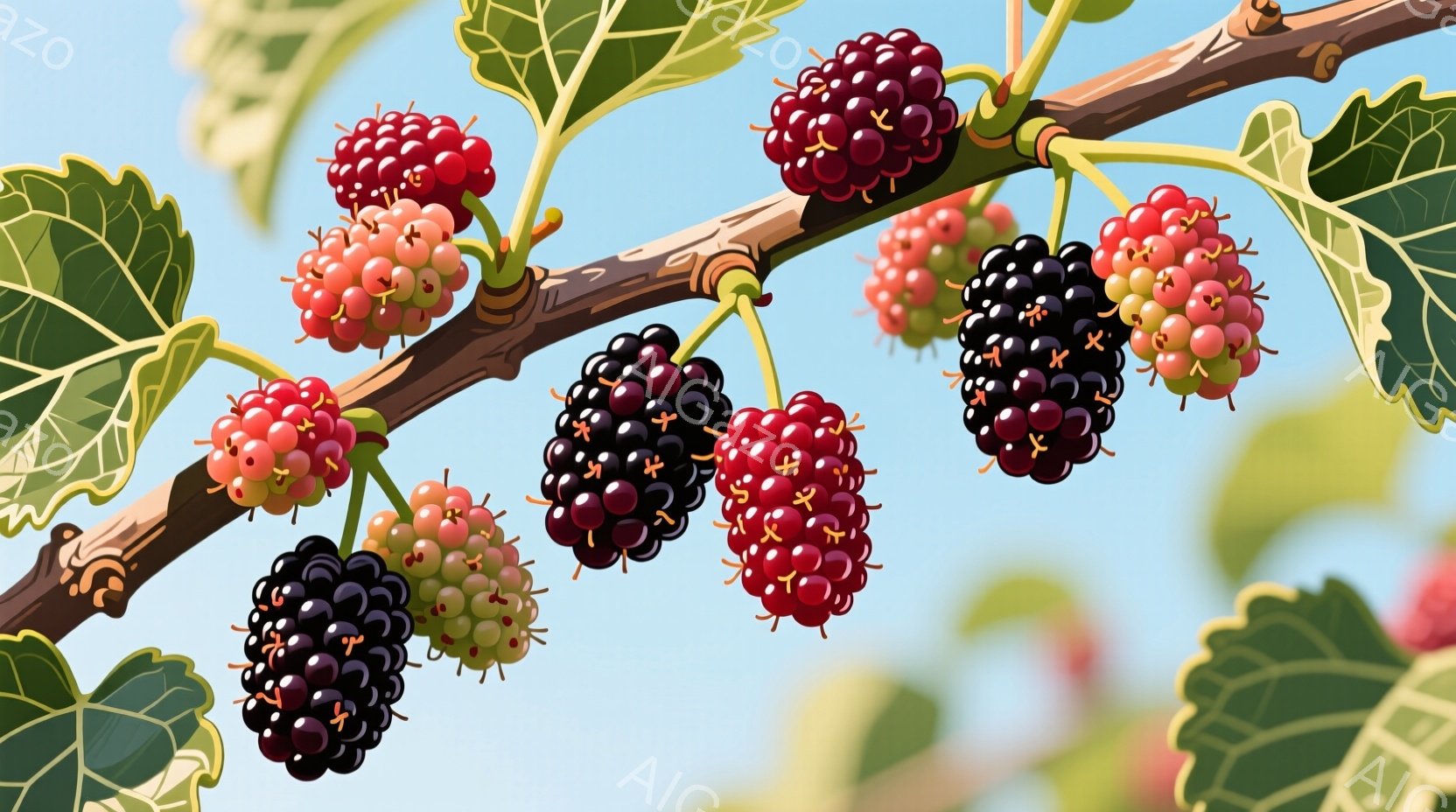 熟した桑の実が枝に密集してぶら下がっている様子が捉えられています。実の色は、深い紫色から赤色まで様々で、それぞれの房は葉に囲まれており、鮮やかな緑と実のコントラストが美しいです。背景は明るい青空で、夏 - AI生成フリー素材