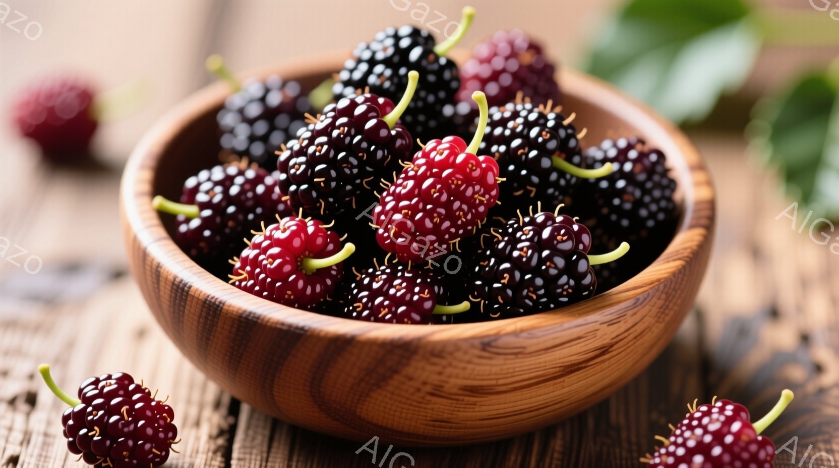 熟した黒いマルベリーが、木製の浅い丸いボウルにたっぷり盛られています。背景には木目の美しい木のテーブルが広がり、わずかに葉っぱが見えます。全体的に暖かく、自然な雰囲気で、実りの秋の恵みを思わせる写真です。