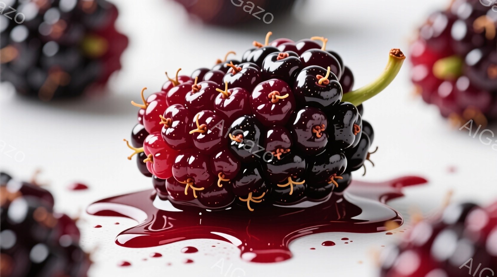 熟した黒い桑の実が、白い表面に鮮やかな赤い液体と共に写っている。果実は丸みを帯びており、表面は小さな球状の粒で覆われ、光沢があり、熟していることを示している。全体的に、瑞々しく、甘く、豊かな雰囲気を感じさせる。