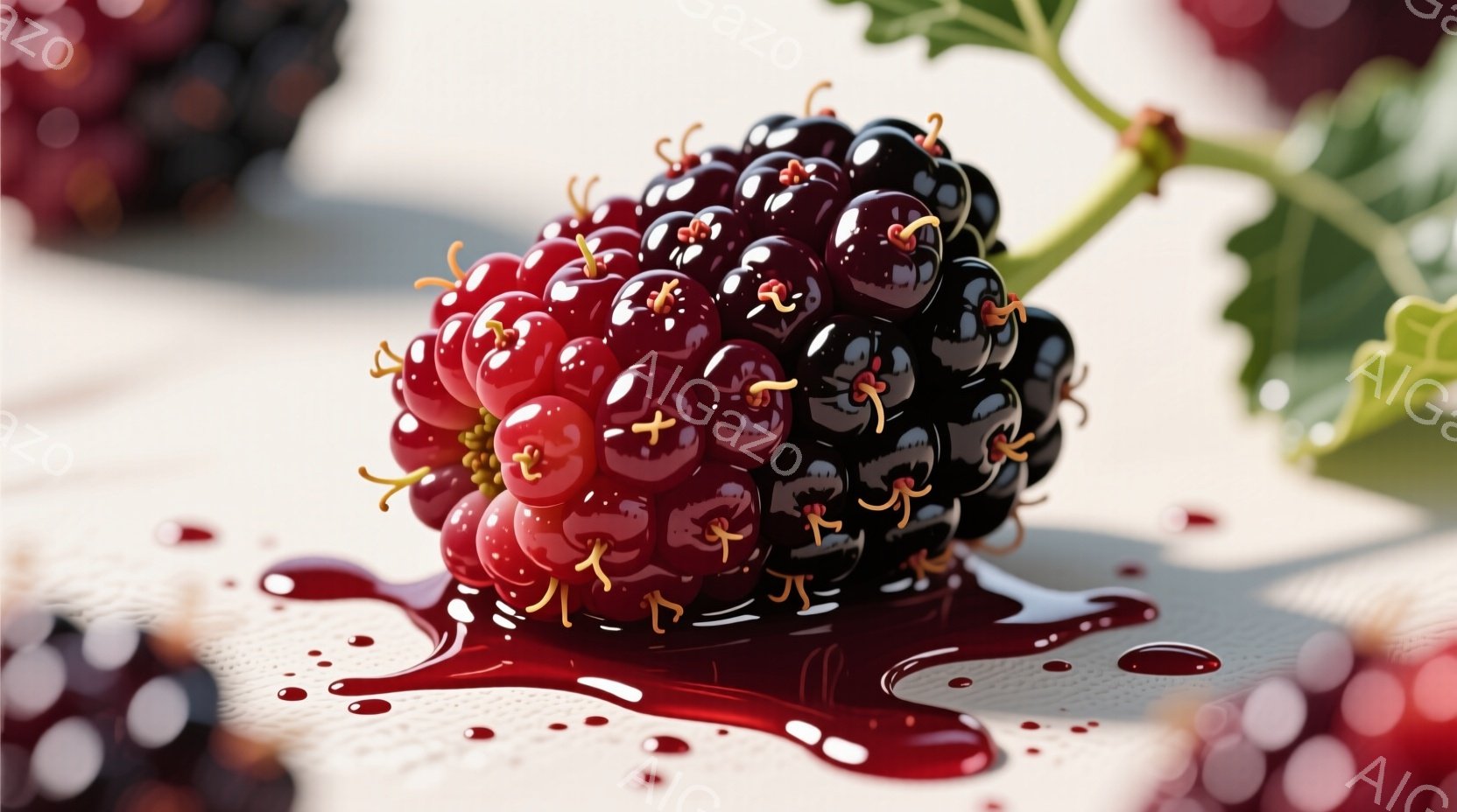 熟したブラックベリーが、白い背景に滴る赤い果汁とともに写っています。ベリーは丸みを帯びた小さな球体で構成され、深みのある紫と黒の色合いが特徴的です。全体的に、甘く濃厚な雰囲気で、フルーツの自然な美しさと美味しさを強調しています。