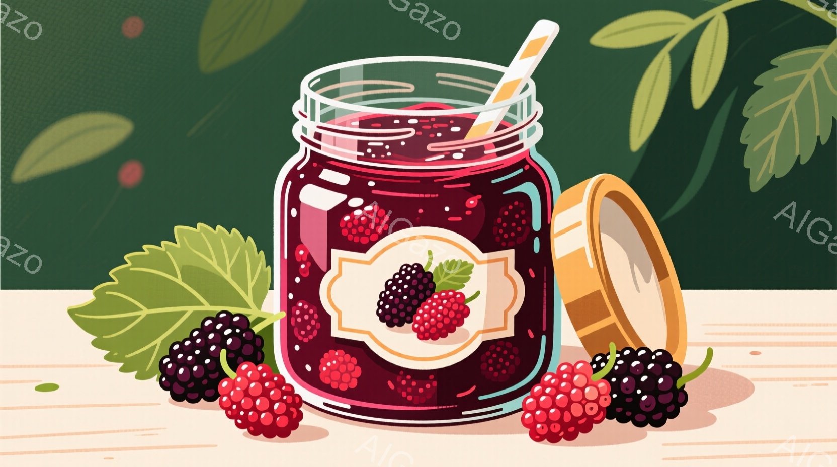 深い赤色のベリージャムが詰まったガラス瓶が、木製のテーブルの上に置かれています。瓶のラベルには、ベリーのイラストが描かれ、横には実ったベリーや緑の葉が散りばめられており、全体的に甘くて新鮮な雰囲気が漂 - AI生成フリー素材