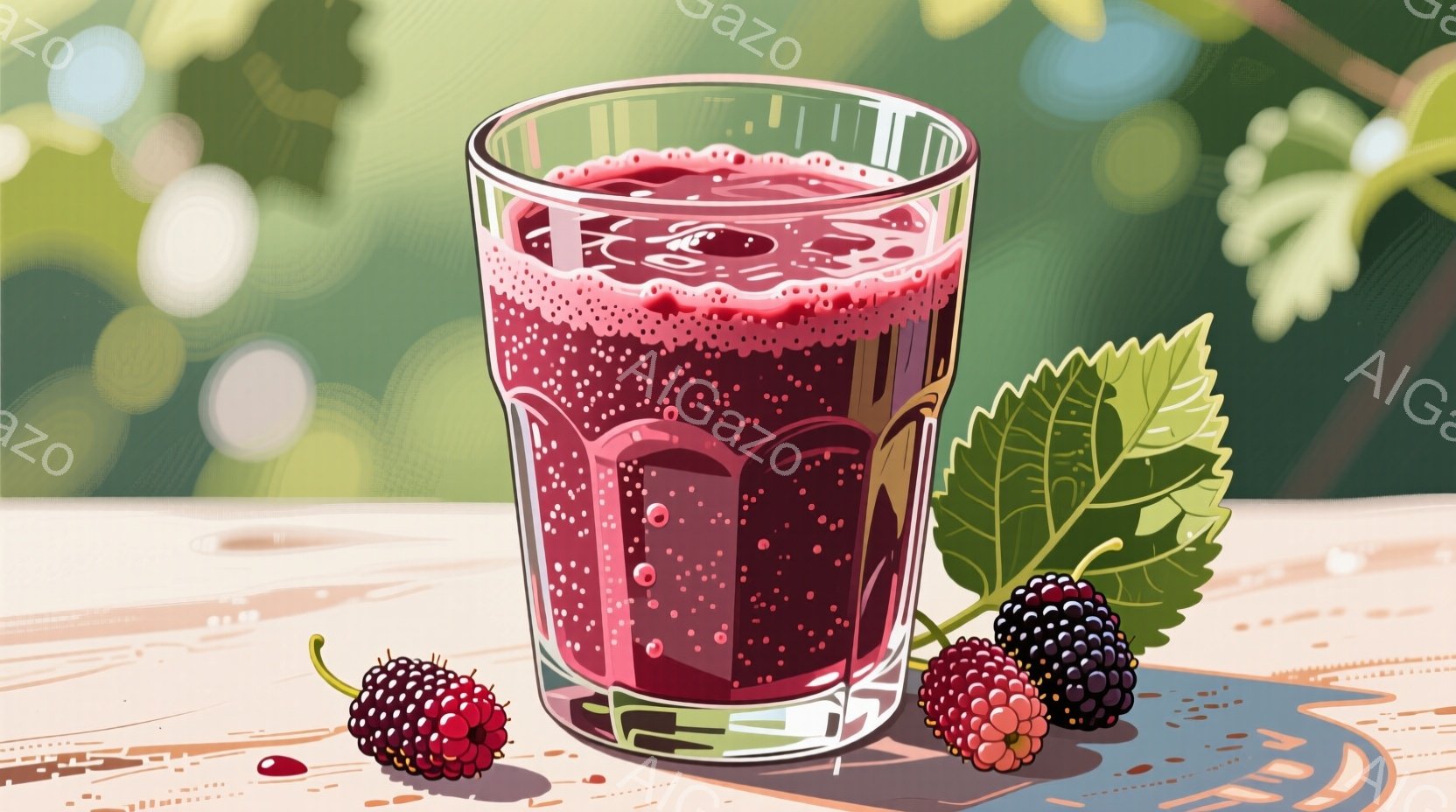 鮮やかな赤紫色のベリージュースが、氷の入ったガラスのグラスに注がれています。グラスの周りには、数個の熟したブラックベリーと緑の葉が添えられ、木製のテーブルの上に置かれています。背景はぼやけており、自然光が差し込む暖かい雰囲気で、夏やフルーツを楽しむシーンを連想させます。