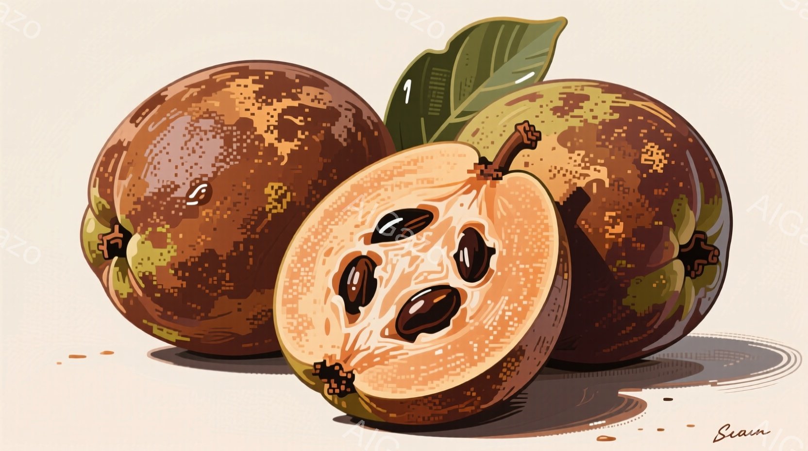 熟した柿が三つ、茶色い地面の上に並んでいます。一つは半分に切られており、種がはっきりと見え、全体的に温かみのある色彩で表現されています。柿の表面は点描画のようなテクスチャで、鮮やかな緑色の葉が添えられ - AI生成フリー素材