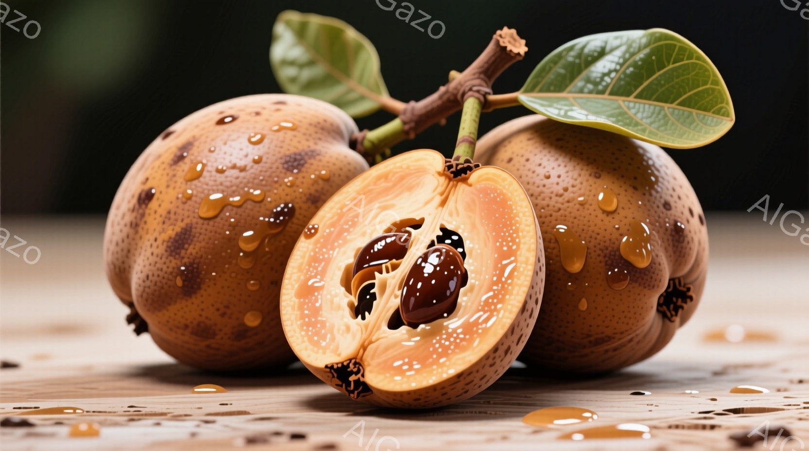 熟した柿が三つ、木製のテーブルの上に置かれています。一つは半分に切られており、中の果肉と種が見えます。柿の表面には水滴がつき、まるで雨上がりのような、自然で瑞々しい雰囲気を醸し出しています。 - AI生成フリー素材