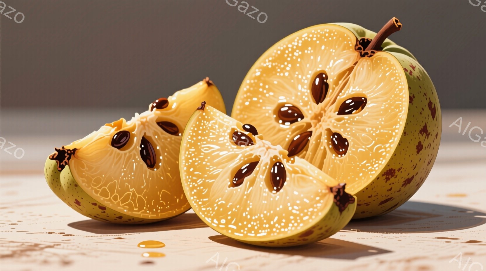 柿の断面が３つ、明るい茶色の木製テーブルの上に置かれています。果肉は鮮やかなオレンジ色で、種は黒く、表面には小さな斑点があります。背景はぼかされており、暖かく、落ち着いた雰囲気です。