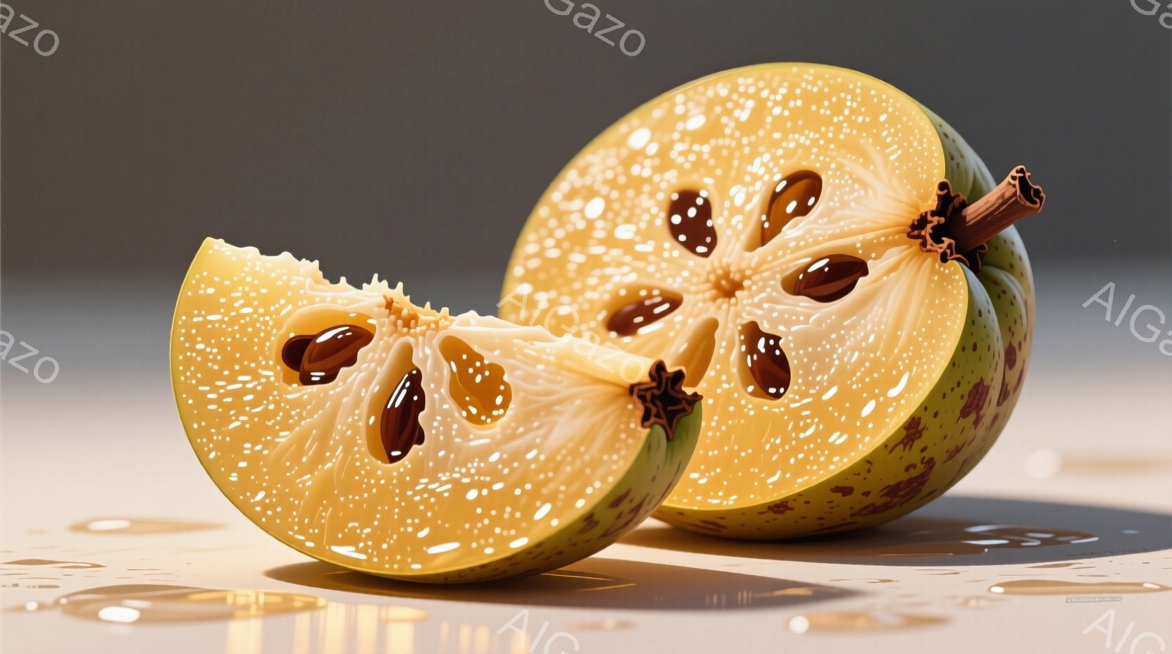 鮮やかな黄色のユズが半分に切られており、中から黒い種が覗いています。ユズの表面には小さな斑点があり、光沢があり、ジューシーな果肉が強調されています。明るい背景と光の反射が、果物の瑞々しさと美味しさを際立たせています。