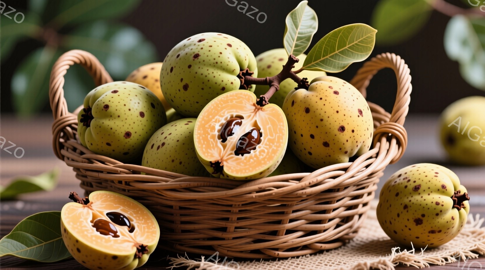 籠の中にマルメロのような果物がたくさん入っています。果物は緑がかった黄色で、茶色い斑点があり、半分に切られたものも見えます。背景には木製のテーブルと、ぼかした緑の葉が写っており、全体的に暖かく、素朴な - AI生成フリー素材