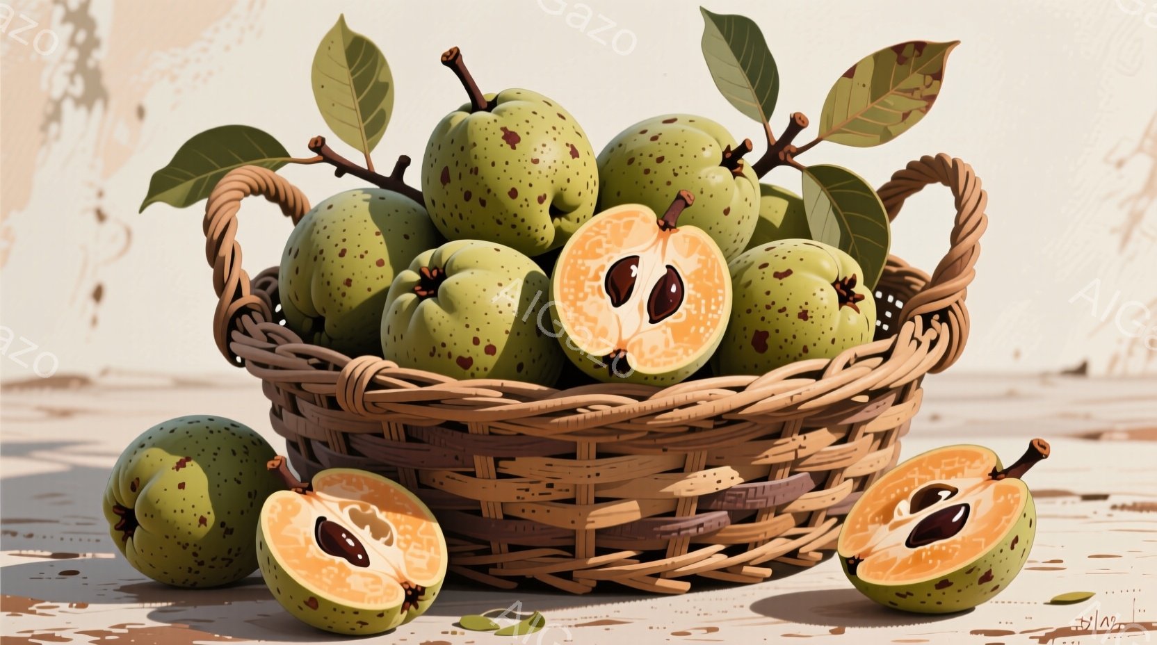 籠の中に、点在する斑点を持つ緑色の果物がたくさん入っています。果物の一部は半分にカットされており、オレンジ色の果肉と中央にある大きな種が見えます。背景はぼやけた砂色の地面で、全体的に暖かく、静かで、素 - AI生成フリー素材