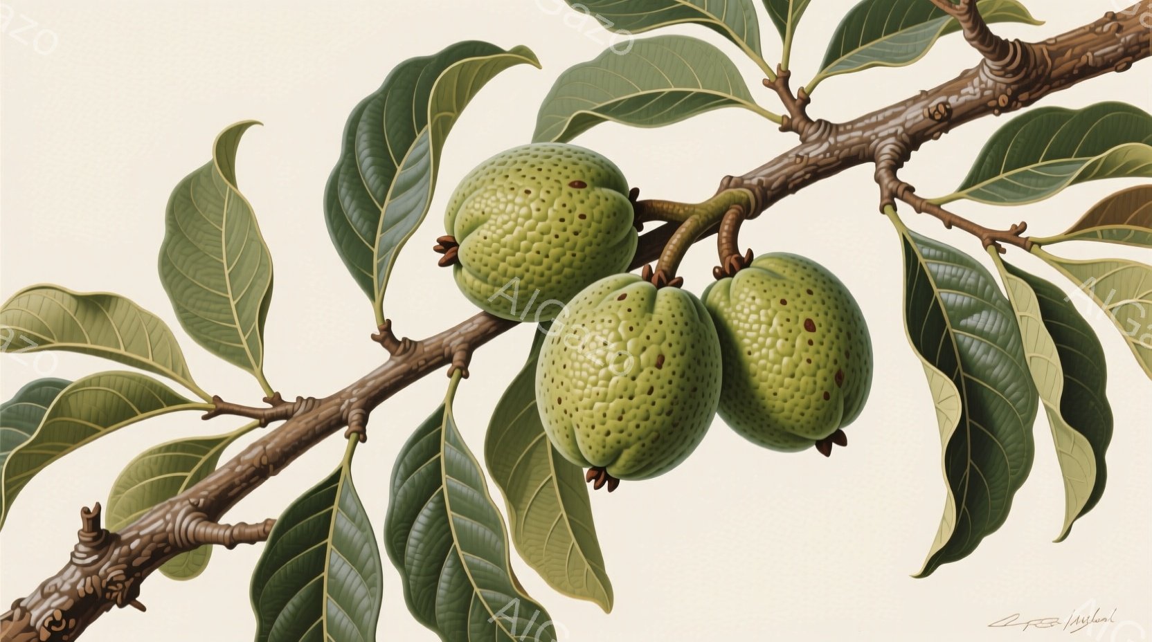 枝に実ったビワの果実が描かれています。果実は緑色で、表面には小さな斑点があり、熟しつつある様子が伺えます。背景は淡いベージュ色で、果実と葉の緑色が際立っており、静かで穏やかな雰囲気を醸し出しています。