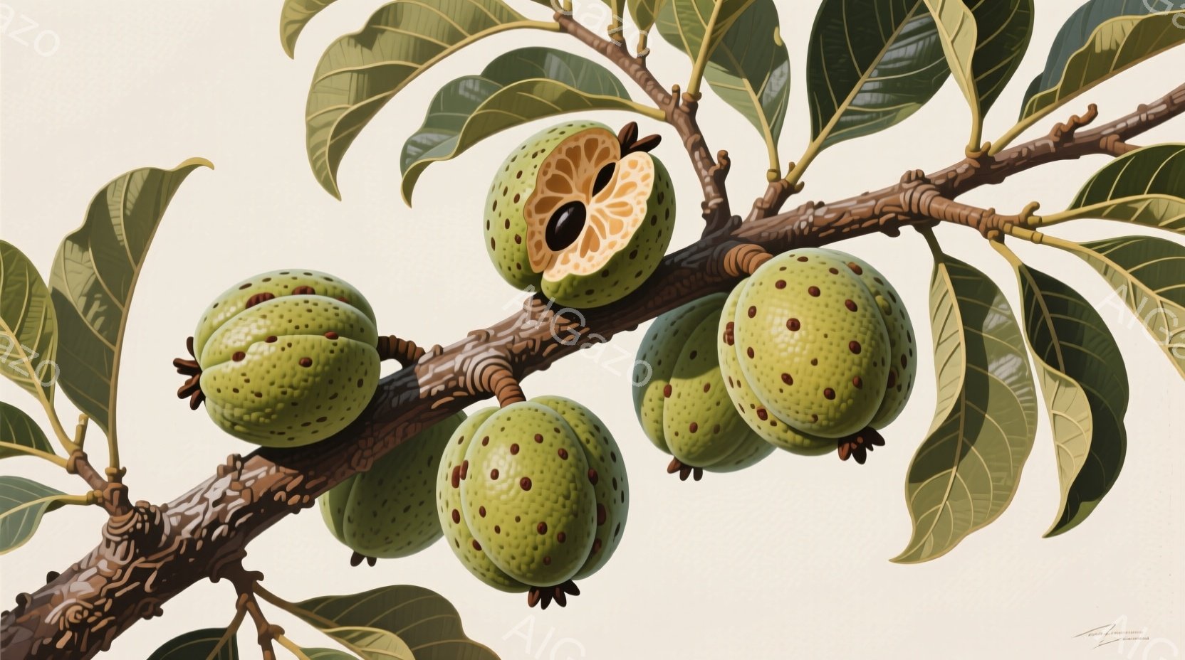 茶色の枝に実った、緑色でイボのある果実のクローズアップです。一部の果実は断面が露出し、鮮やかなオレンジ色の果肉と黒い種が見えます。背景は薄いクリーム色で、果実と枝が際立っています。